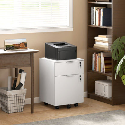 The white two-drawer lockable filing cabinet in a home office setting next to a desk and bookshelf