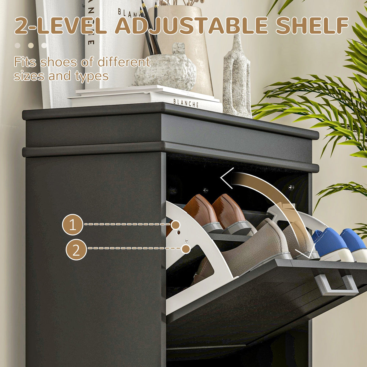 The shoe storage cabinet showing the adjustable internal shelf mechanism for different shoes