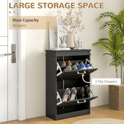 The shoe storage cabinet with both flip drawers open showing shoes stored inside