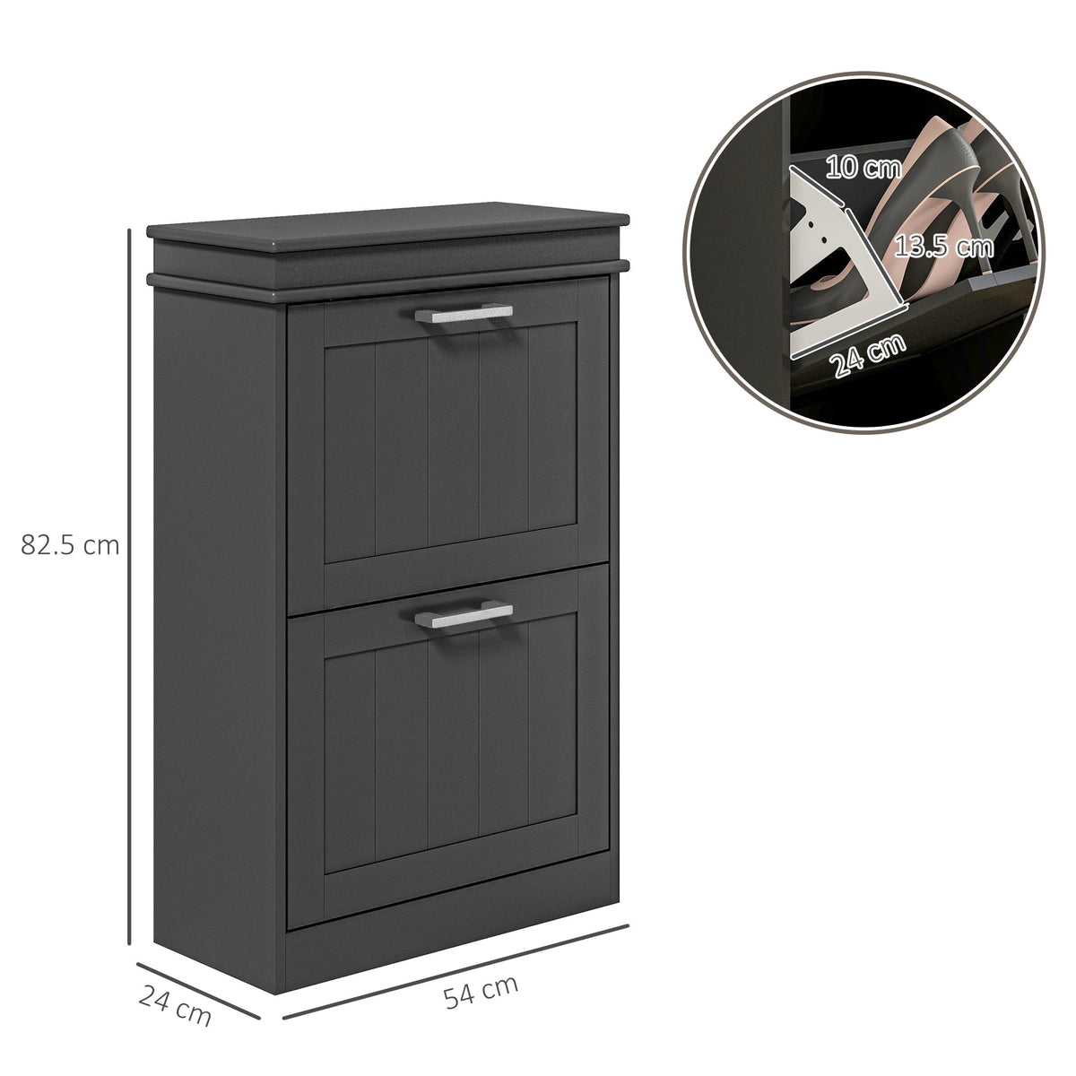 The shoe storage cabinet shown with dimensions and a close-up of the internal shelf space