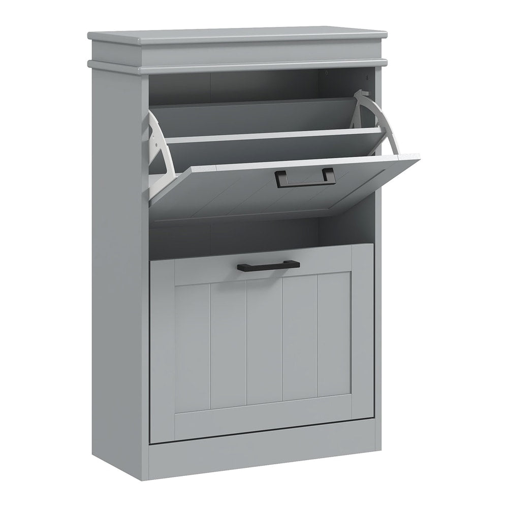HOMCOM Two-Drawer Minimalistic 10-Shoe Cabinet in grey, showing the two flip-down drawers and the main cabinet door