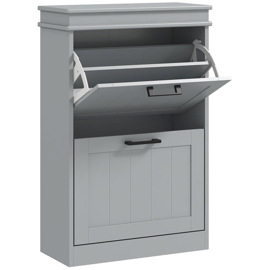 HOMCOM Two-Drawer Minimalistic 10-Shoe Cabinet in grey, showing the two flip-down drawers and the main cabinet door