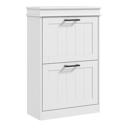 HOMCOM Two-Drawer Minimalistic 10-Shoe Cabinet in white, a tall and narrow cabinet with two flip-down drawers