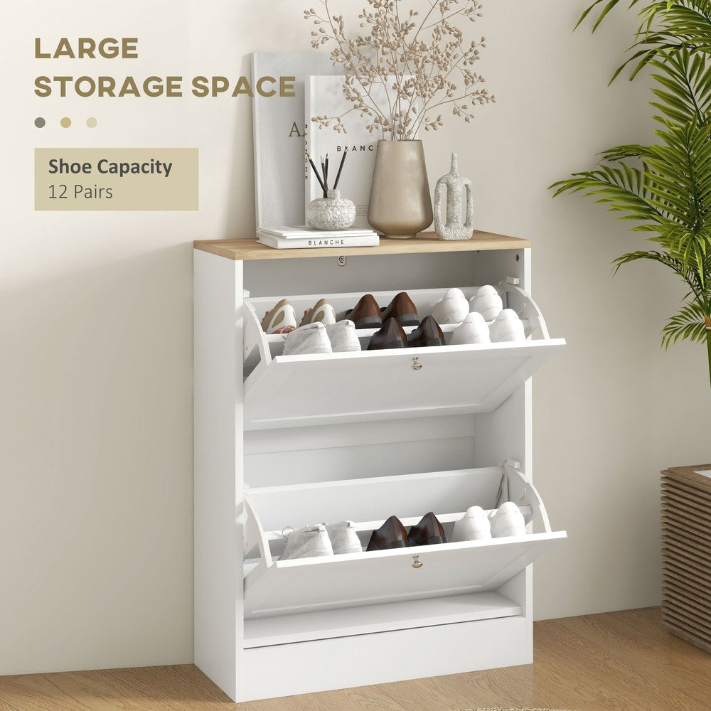 White shoe storage cabinet with two flip drawers and a light wood effect top