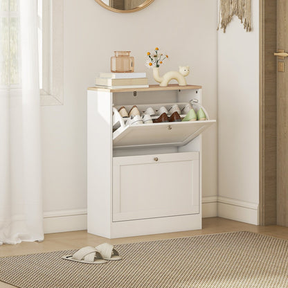 White shoe storage cabinet with two flip drawers, shown in a hallway with shoes inside