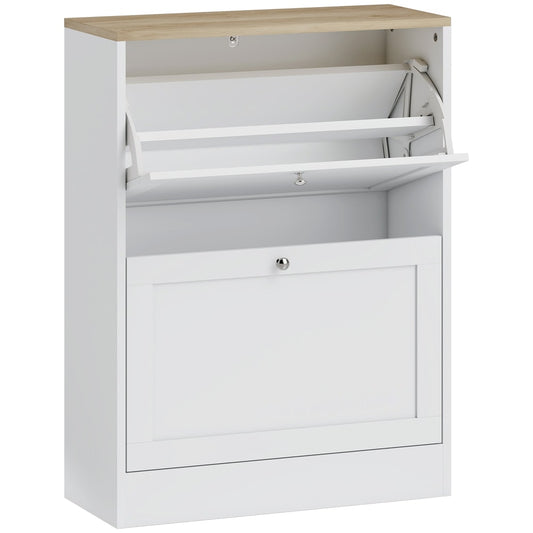HOMCOM Two Flip Drawer Shoe Cabinet in white with a light wood effect top and two flip-down drawers