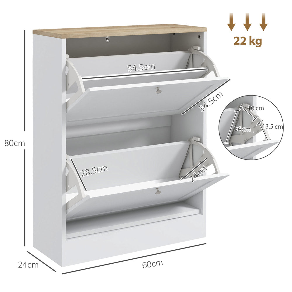 Dimensions of the white shoe storage cabinet with two flip drawers and a wood effect top