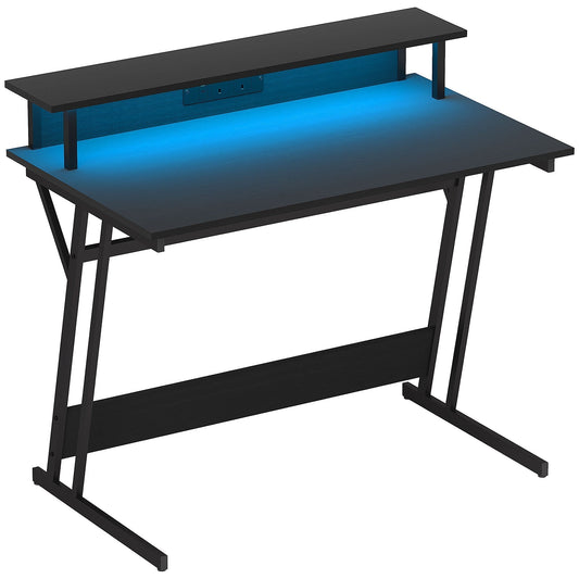 HOMCOM Two-Level LED Gaming Desk in black with blue LED lighting on the upper shelf