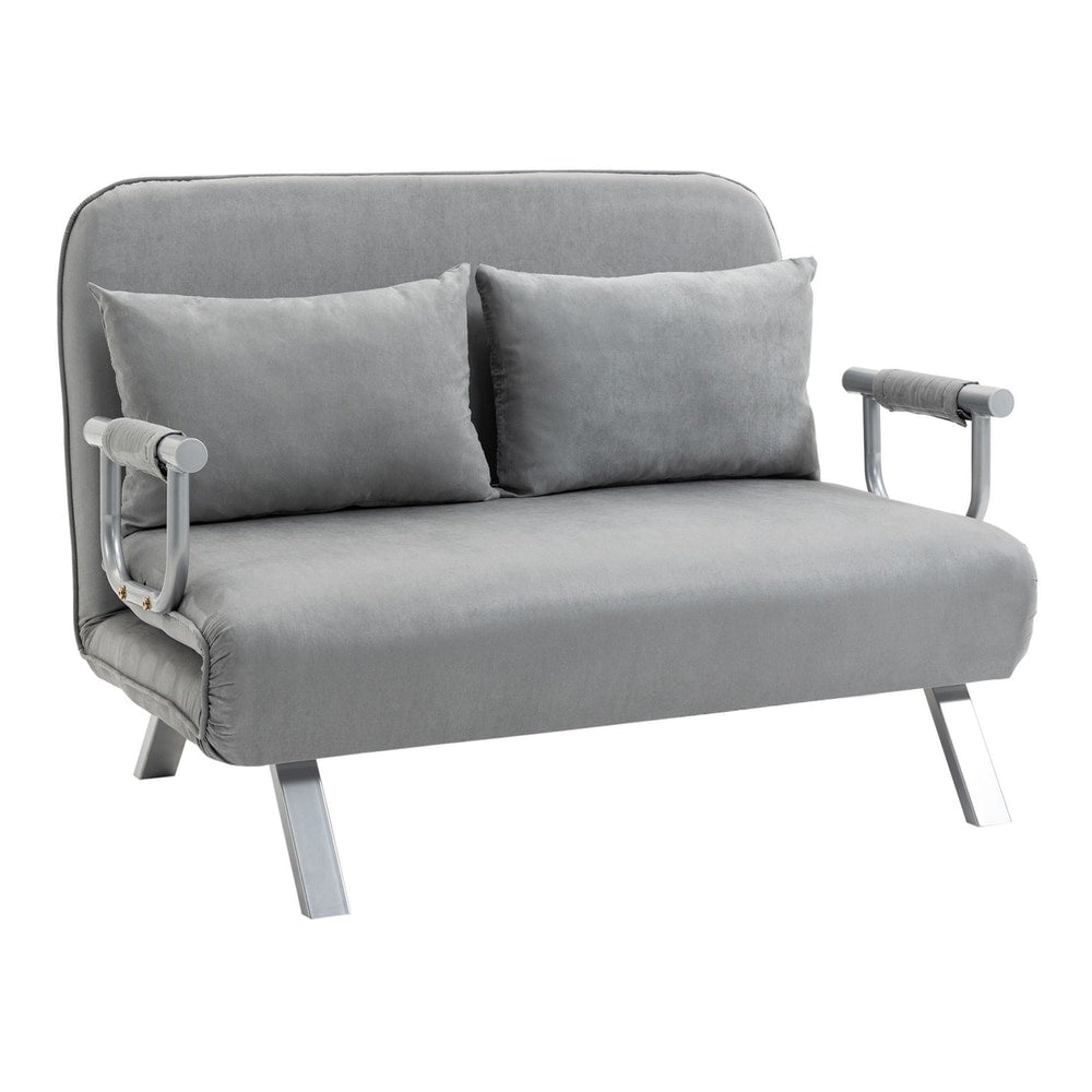 HOMCOM Two-Seater Click-Clack Sofa Bed in light grey fabric with two cushions and silver legs