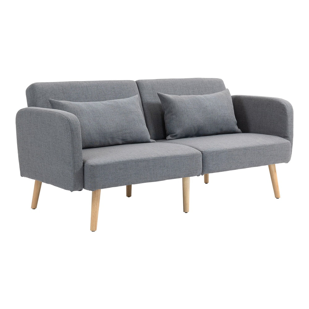 HOMCOM Two-Seater Click-Clack Sofa Bed, a grey fabric sofa with two grey pillows and wooden legs