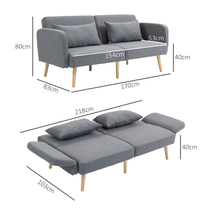 Dimensions diagram for the grey fabric sofa bed in sofa and bed form