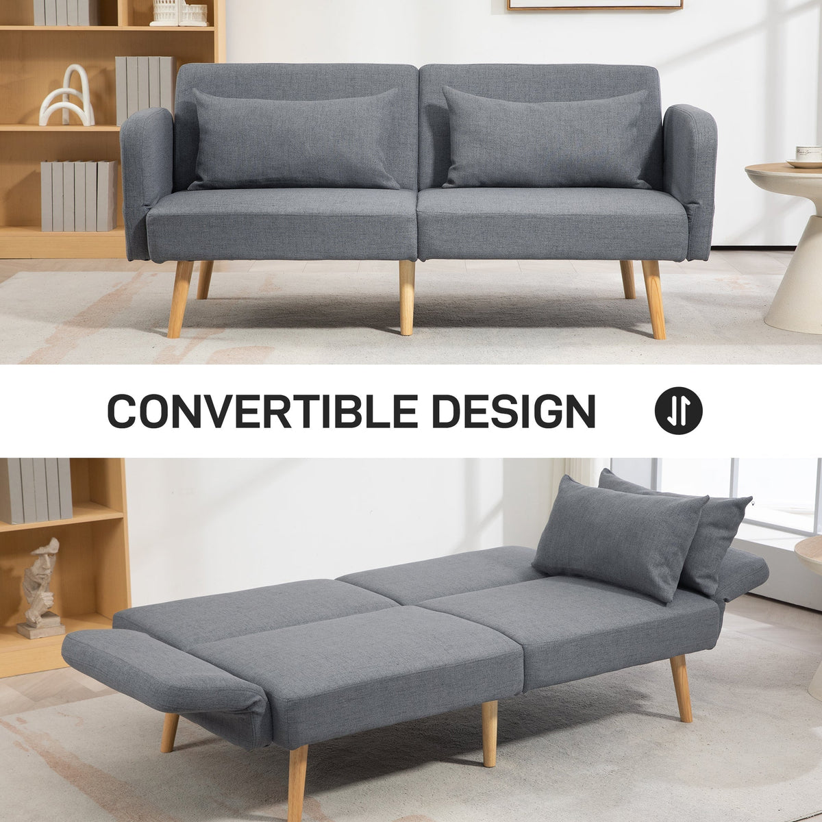 The grey fabric sofa bed is shown in sofa and bed form with text overlay