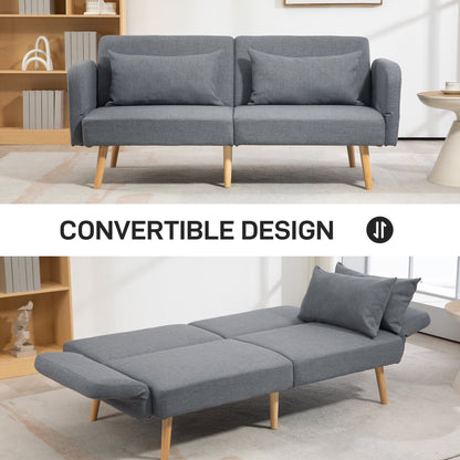 The grey fabric sofa bed is shown in sofa and bed form with text overlay