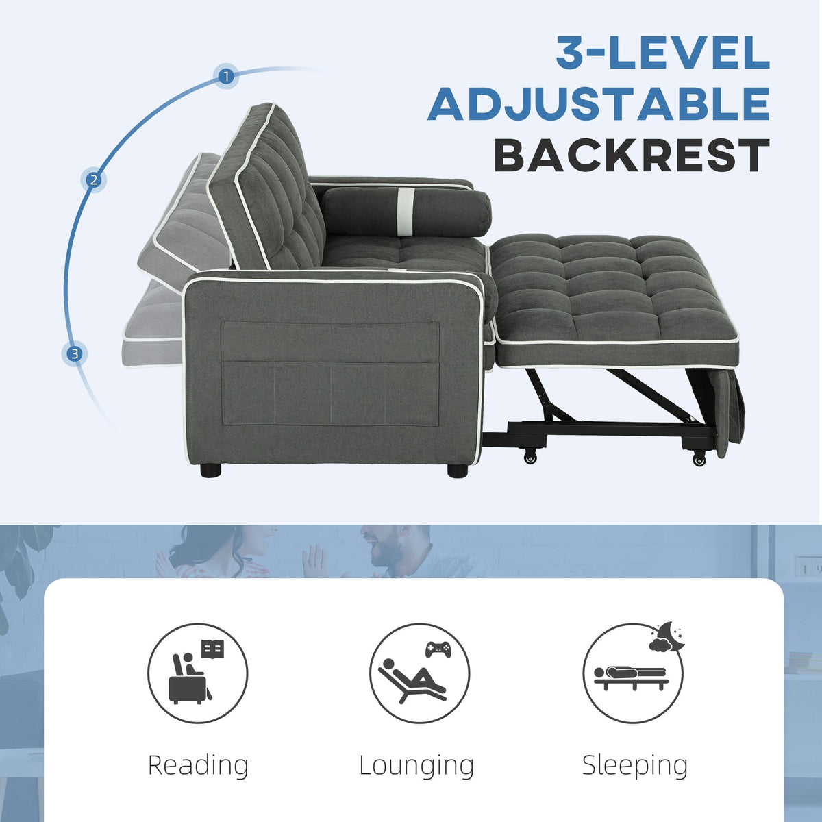 The sofa bed highlighting the three adjustable backrest positions for different activities