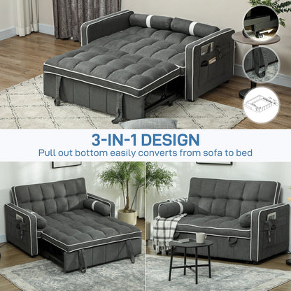 The sofa bed demonstrating the pull-out mechanism to convert the seat into a flat bed