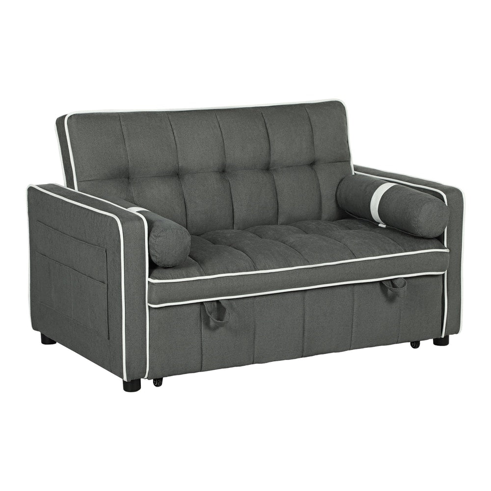 HOMCOM Two-Seater Linen-Look Sofa Bed in charcoal grey with white piping and two side bolsters