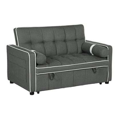 HOMCOM Two-Seater Linen-Look Sofa Bed in charcoal grey with white piping and two side bolsters
