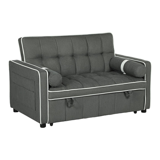 HOMCOM Two-Seater Linen-Look Sofa Bed in charcoal grey with white piping and two side bolsters