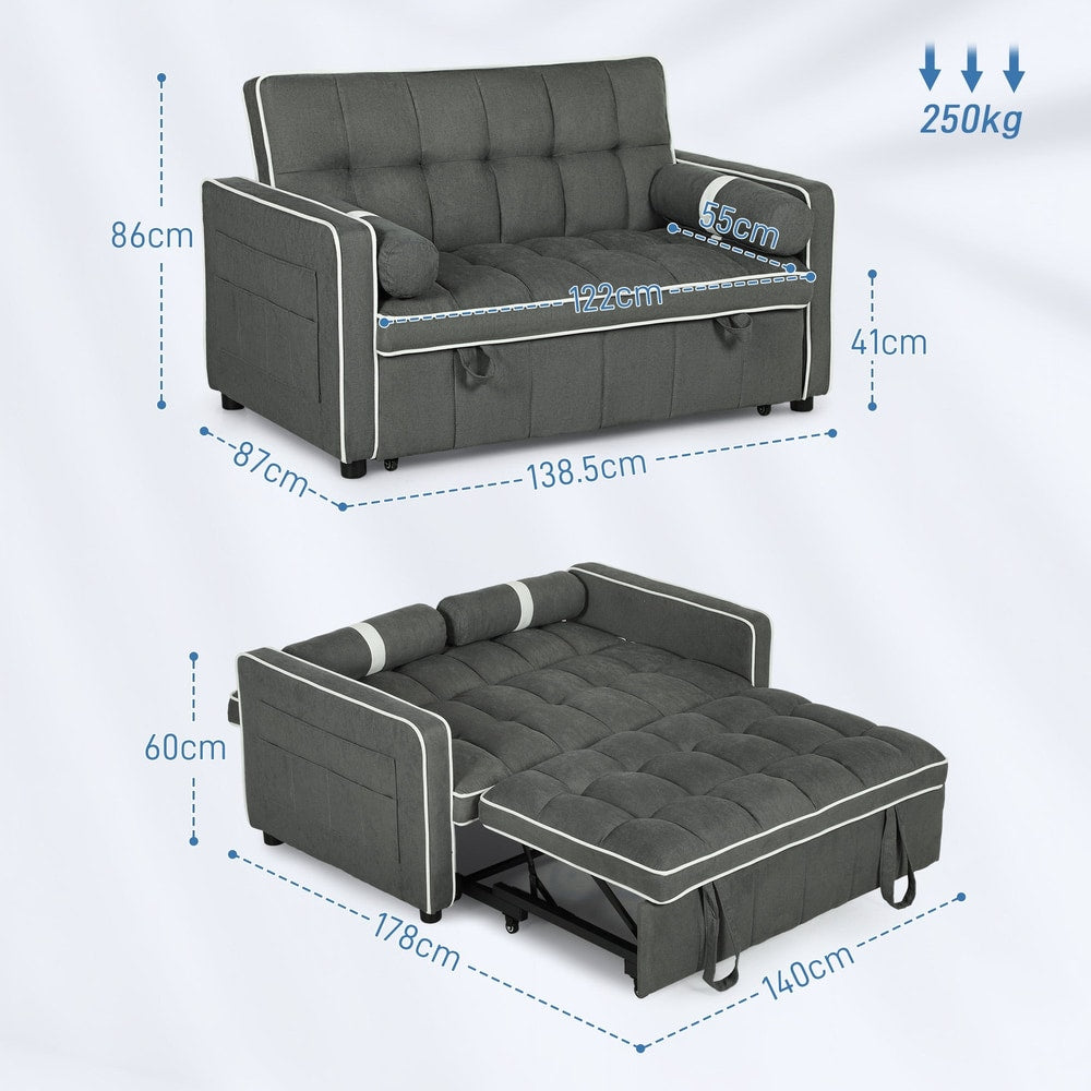 The sofa bed shown with annotated dimensions for both the upright and extended bed positions