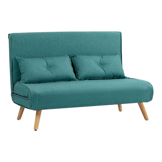 HOMCOM Two-Seater Linen-Look Sofa Bed in green with two matching cushions and wooden legs