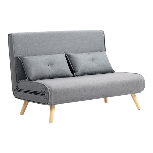 HOMCOM Two-Seater Linen-Look Sofa Bed in grey with two matching cushions on light wooden legs