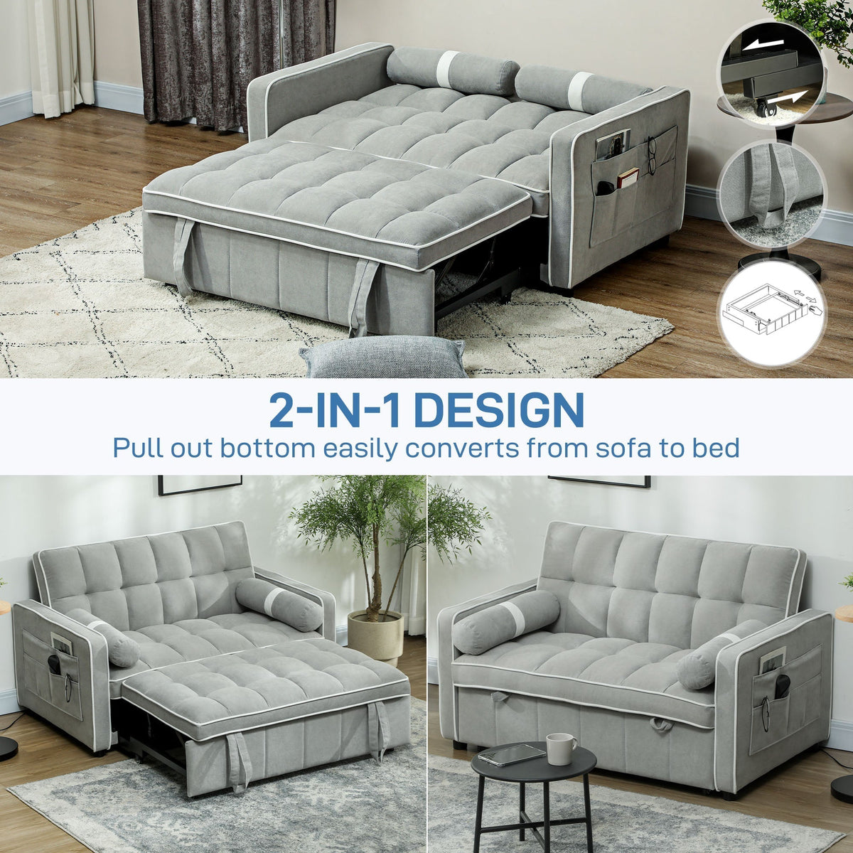 The sofa bed is shown in sofa and bed forms with close-ups of the pull-out mechanism