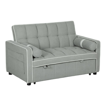 HOMCOM Two-Seater Linen-Look Sofa Bed in light grey with white piping detail