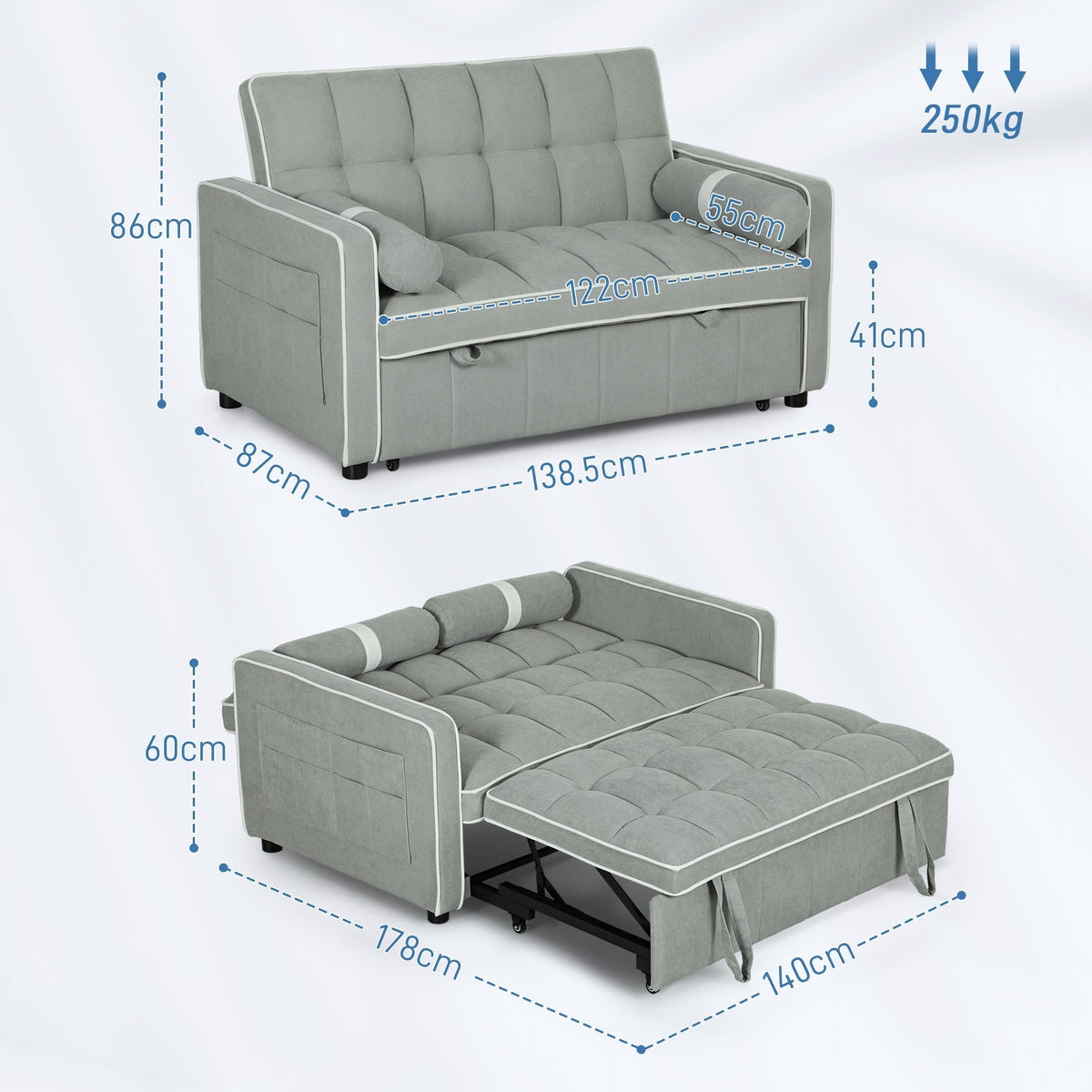 Dimensions diagram showing the sofa bed in sofa and bed configurations