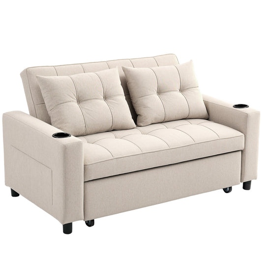 HOMCOM Two-Seater Pull-Out Sofa Bed in beige with two cushions and integrated cup holders