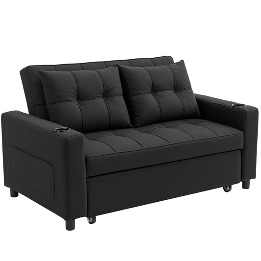 HOMCOM Two-Seater Pull-Out Sofa Bed in black with two cushions and integrated cup holders