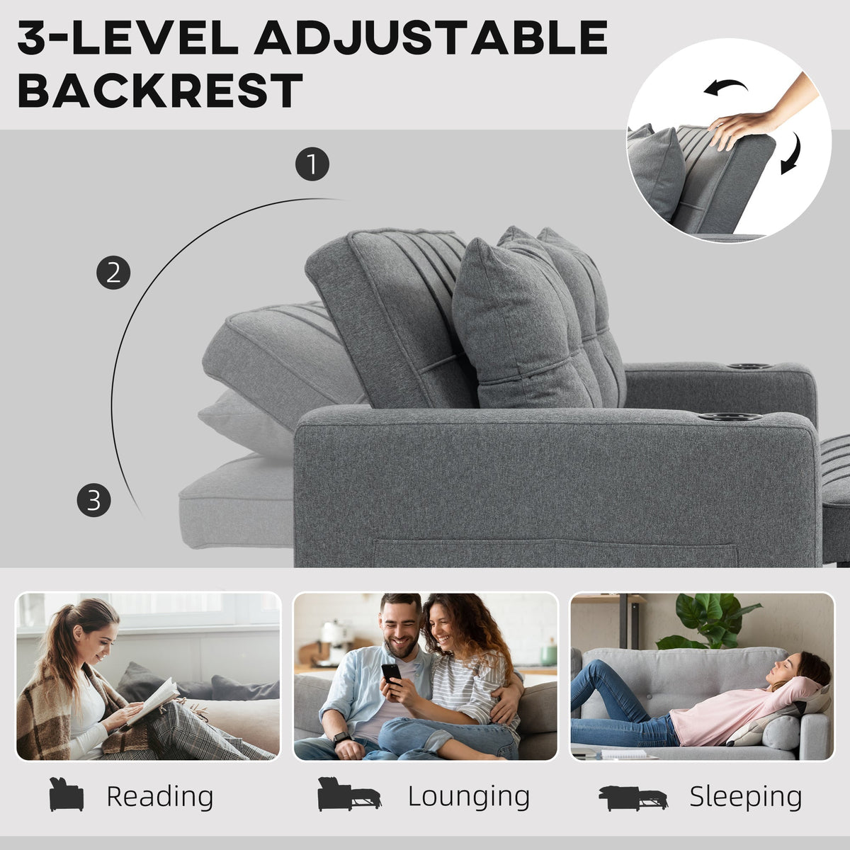 The pull-out sofa bed is shown in charcoal grey fabric, with its backrest adjusting