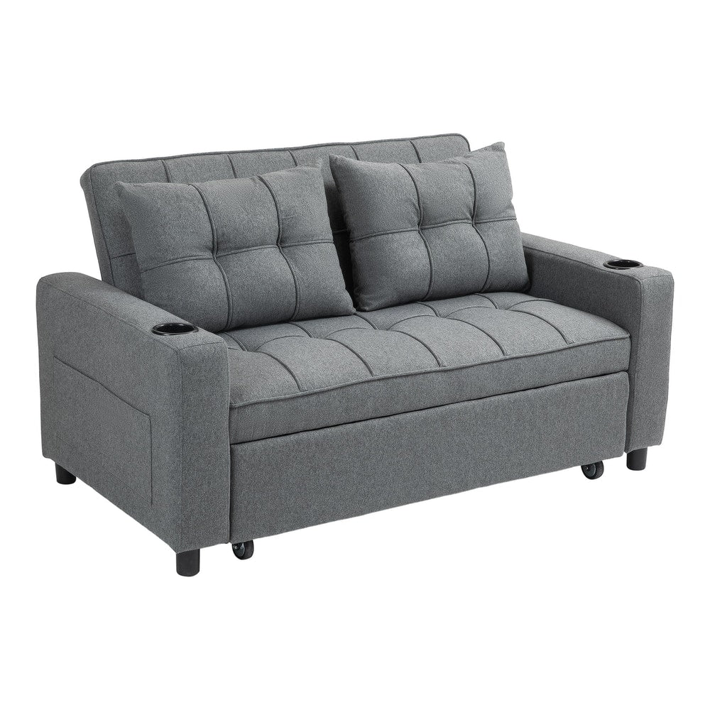 HOMCOM Two-Seater Pull-Out Sofa Bed in charcoal grey fabric with two cushions and cup holders