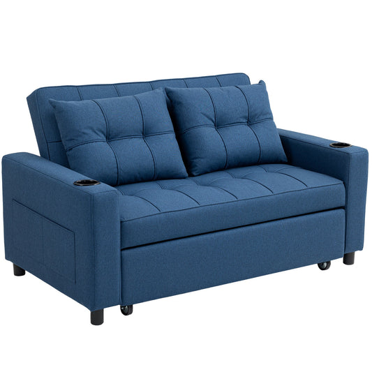 HOMCOM Two-Seater Pull-Out Sofa Bed in dark blue with two cushions and integrated cup holders