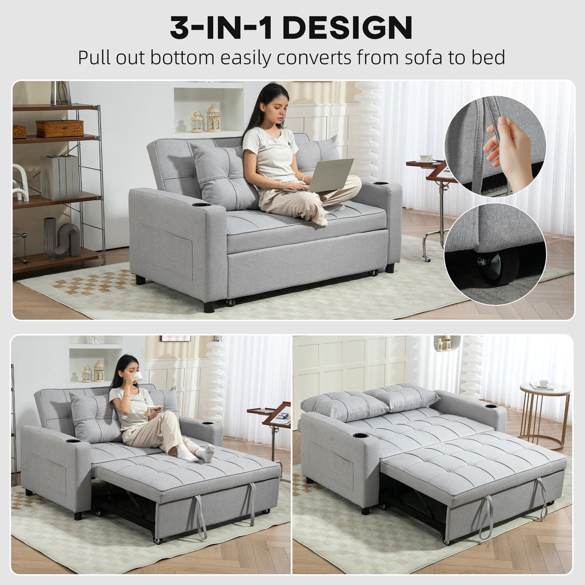 Demonstration of the two-seater sofa bed converting from sofa to bed