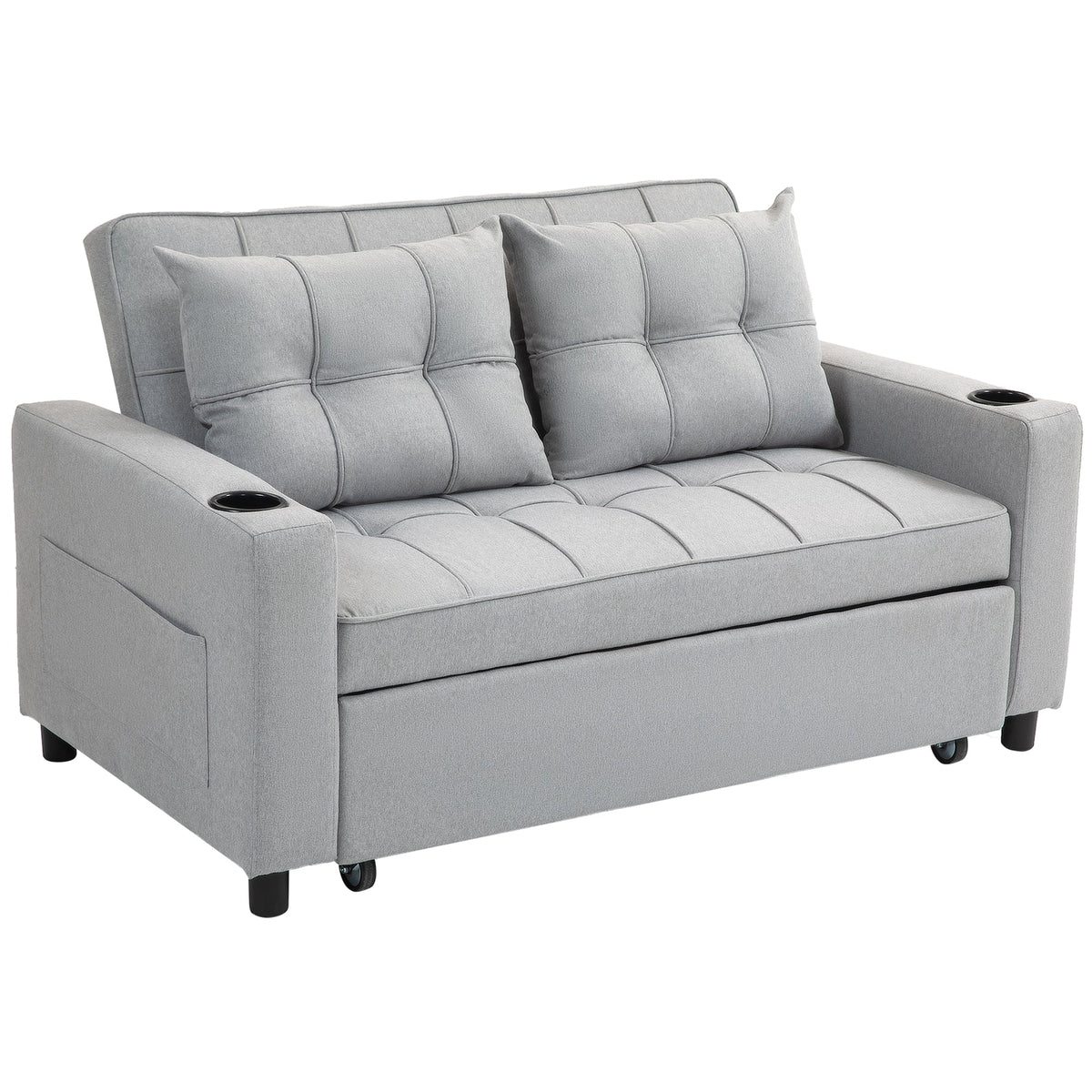 HOMCOM Two-Seater Pull-Out Sofa Bed in light grey fabric with two cushions and cup holders