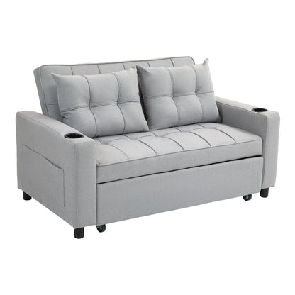 HOMCOM Two-Seater Pull-Out Sofa Bed in light grey fabric with two cushions and cup holders