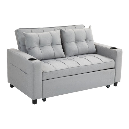 HOMCOM Two-Seater Pull-Out Sofa Bed in light grey fabric with two cushions and cup holders
