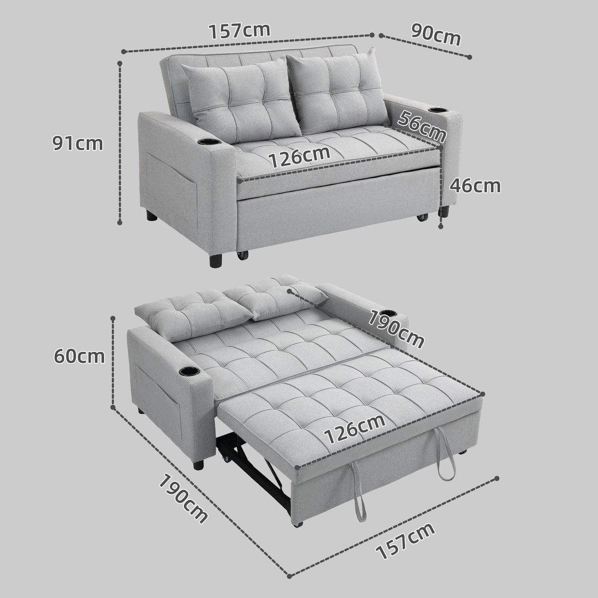 Dimensions diagram for the two-seater sofa bed in sofa and bed configurations