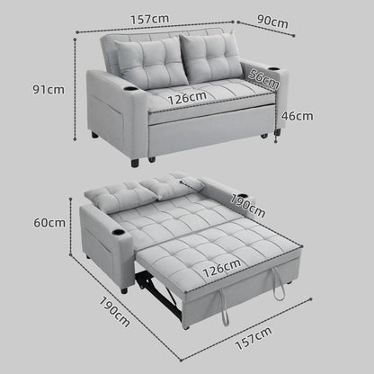 Dimensions diagram for the two-seater sofa bed in sofa and bed configurations