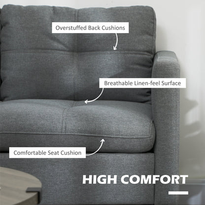 Close-up of the grey two-seater sofa showing cushion details