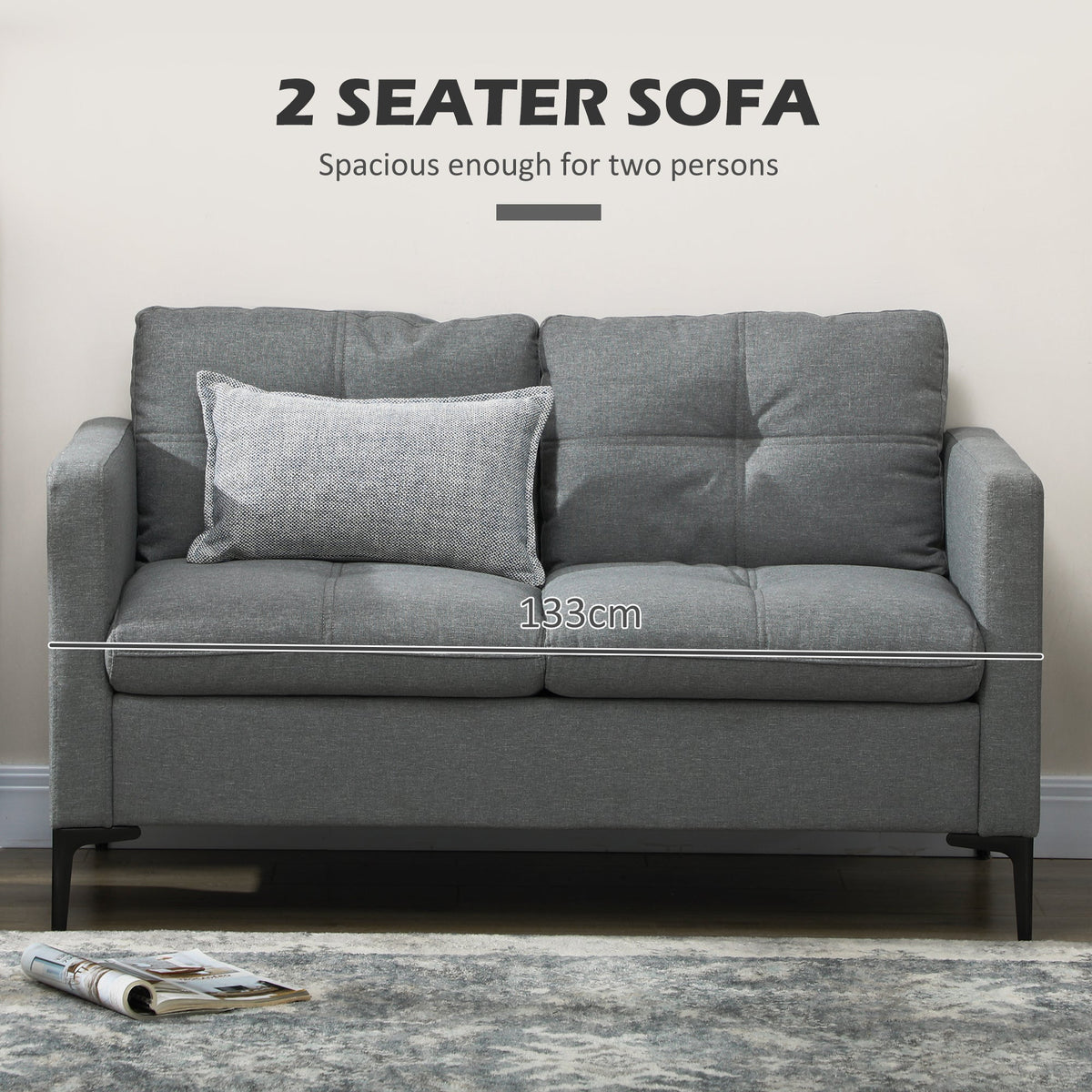 Front view of the grey two-seater sofa with width measurement