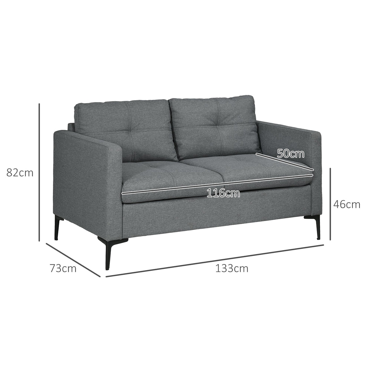 Dimensions diagram for the grey two-seater sofa