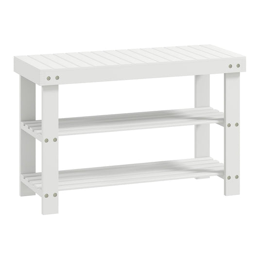 HOMCOM Two Shelf Bamboo Shoe Storage Bench with two slatted shelves and a slatted top surface