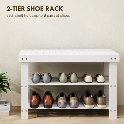 The two tier shoe rack holding six pairs of shoes on its shelves