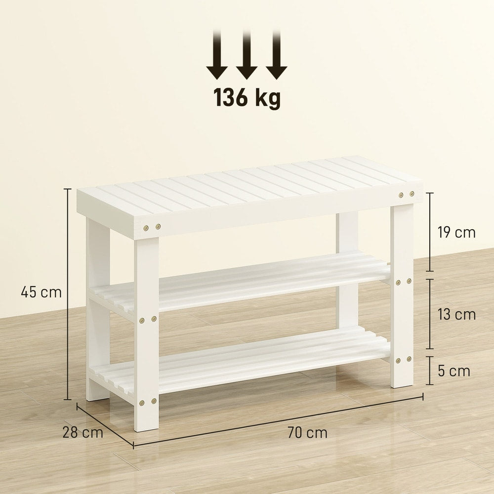 The white bamboo shoe storage bench with two shelves and dimensions shown