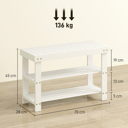 The white bamboo shoe storage bench with two shelves and dimensions shown