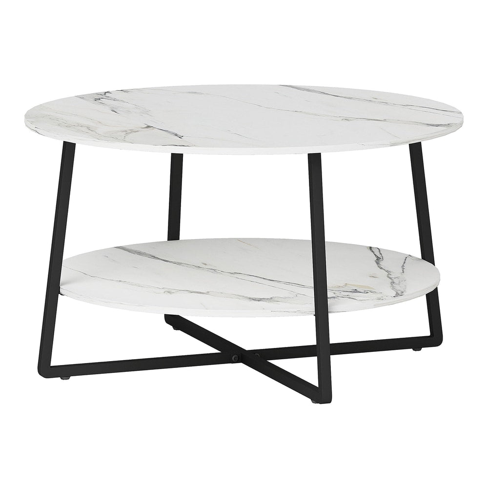 HOMCOM Two-Tier Marble-Effect Coffee Table with white marble-effect top and black legs