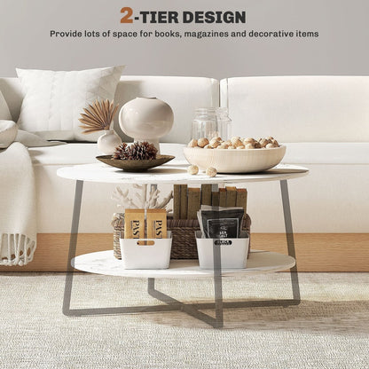 The two-tier coffee table with marble-effect top and black legs, showing its storage capacity