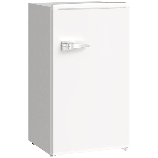 HOMCOM Under Counter Fridge, a small white retro refrigerator with a chrome handle