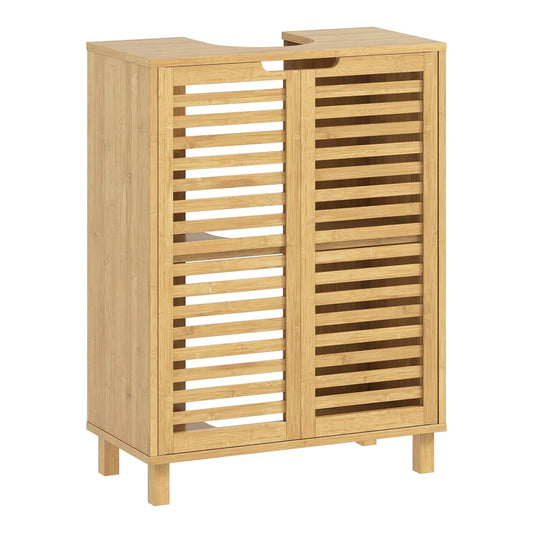HOMCOM Under Sink Bathroom Cabinet, a freestanding bamboo unit with two louvered doors and an open top section